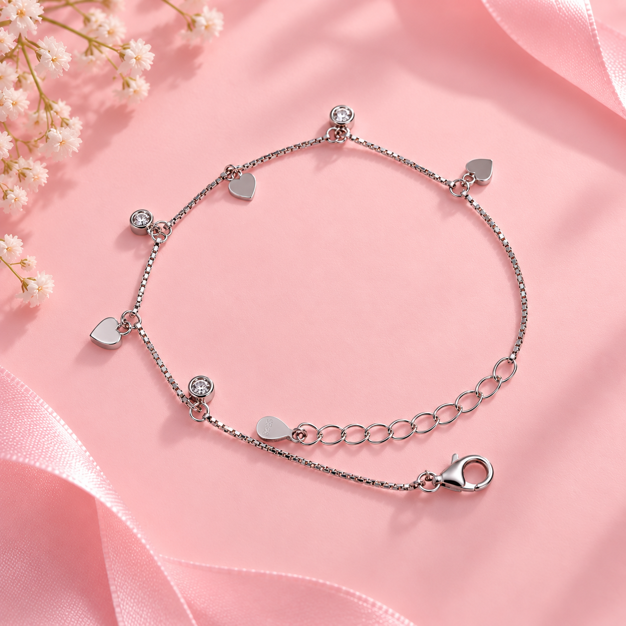 925 Sterling Silver Heart Charm Bracelet