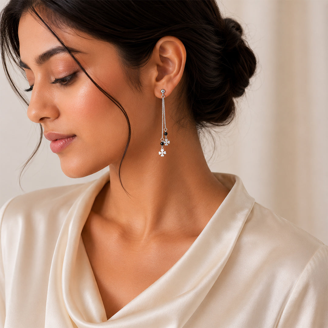 Silver Clover Tassel Earrings
