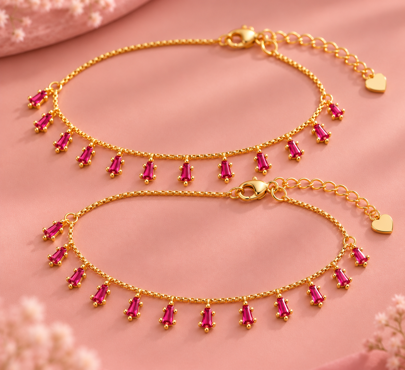 Ruby Drop 925 Sterling Silver Anklet Pair