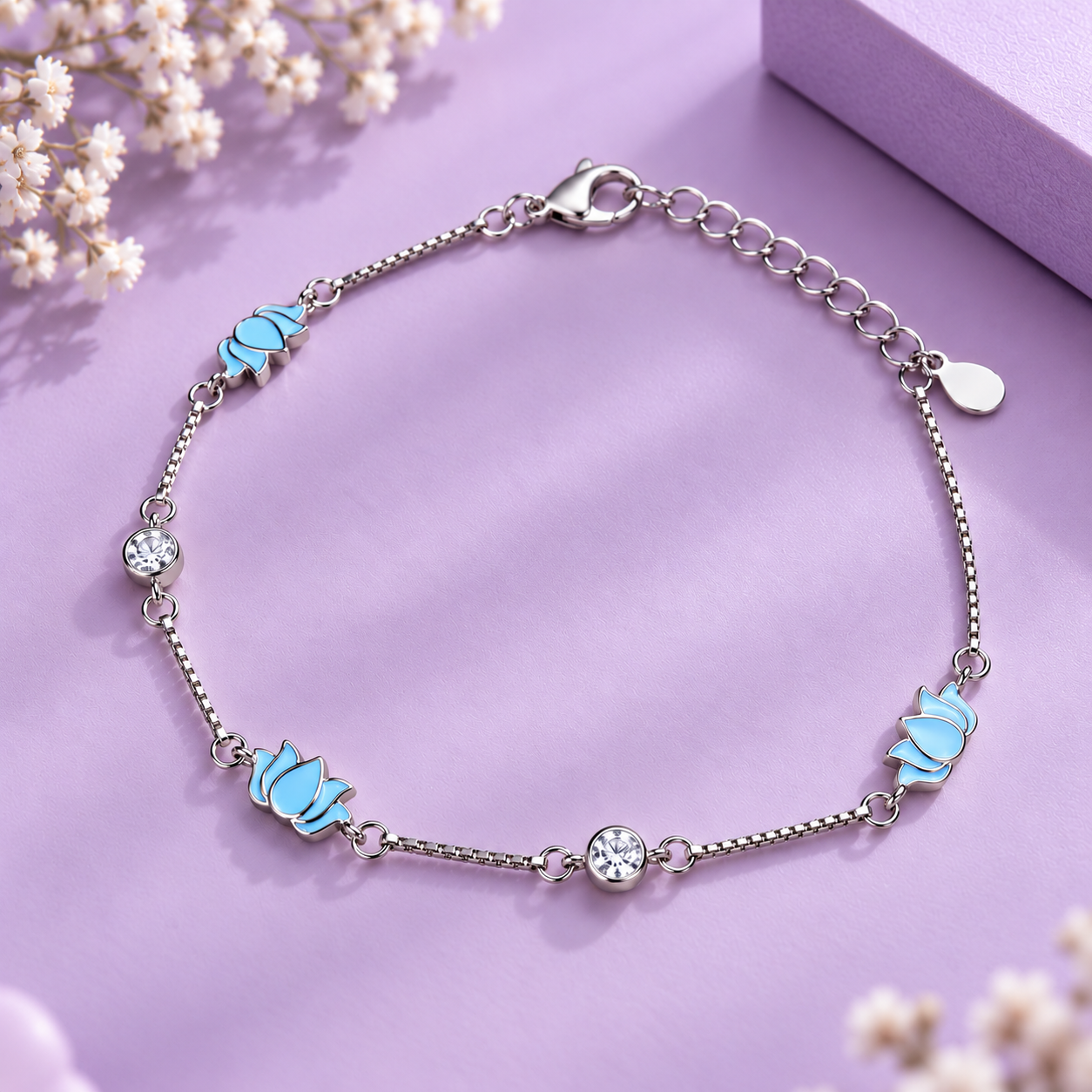 Taravya Sky Blue Floral Charm 925 Silver Bracelet
