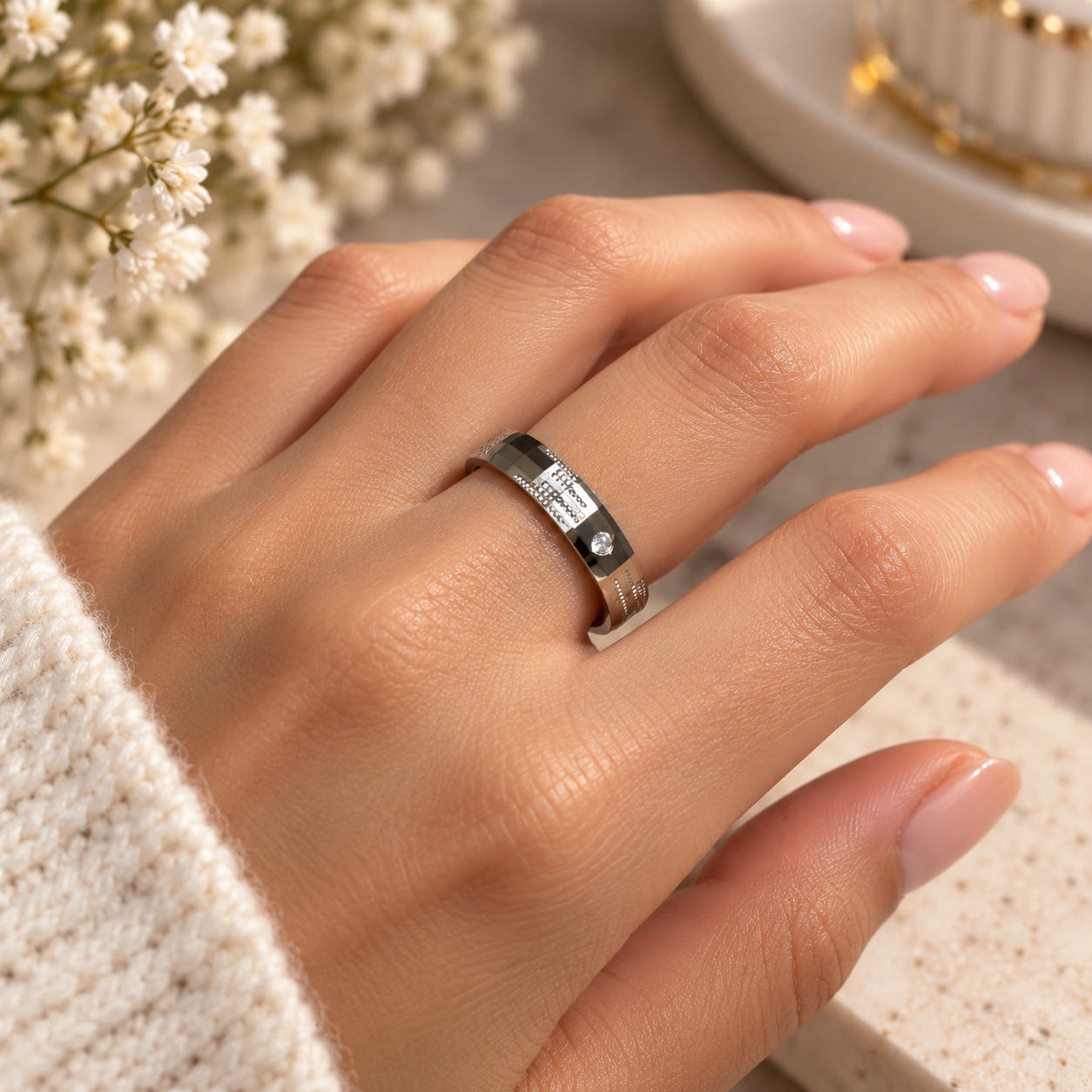 925 Silver Mosiac Couple Band Ring