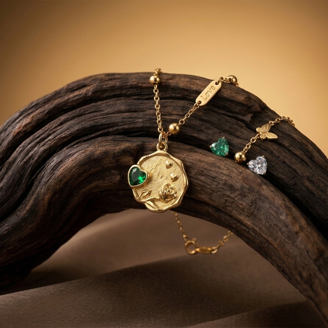 Emerald Heart Gold Necklace With Earrings| 925 Silver