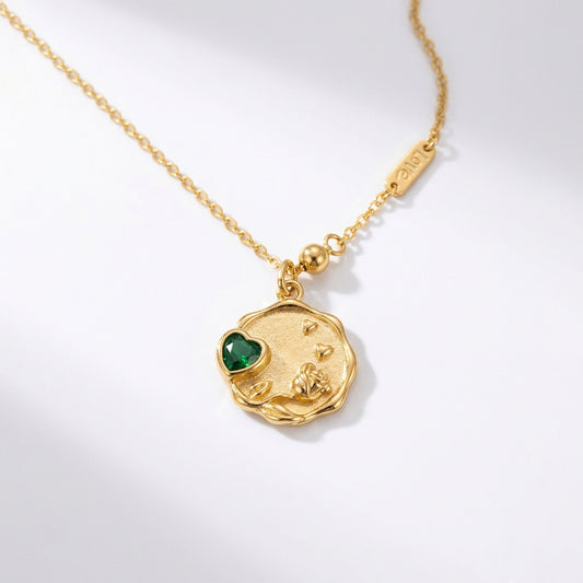 Emerald Heart Gold Necklace With Earrings| 925 Silver