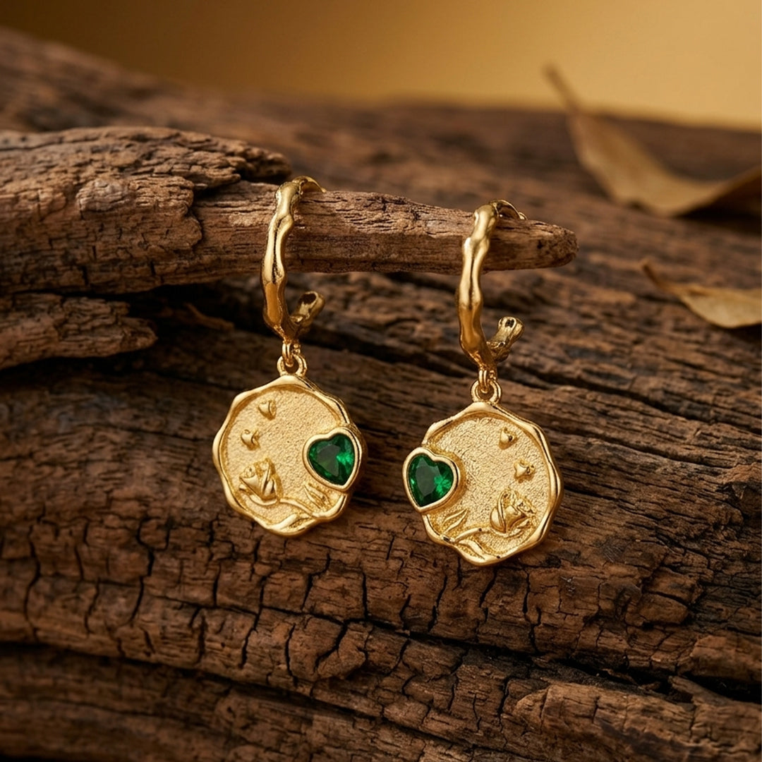 Emerald Heart Gold Necklace With Earrings| 925 Silver