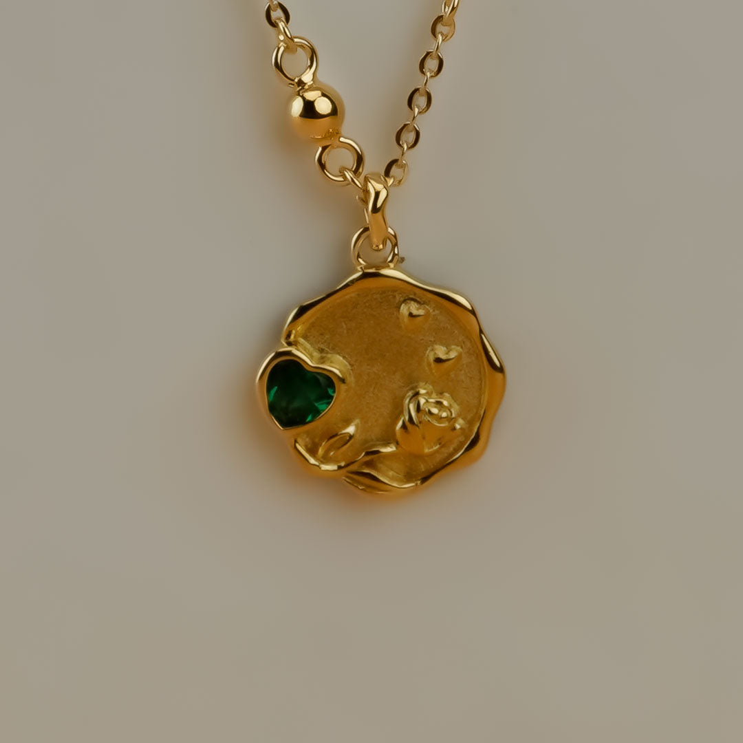 Emerald Heart Gold Necklace With Earrings| 925 Silver