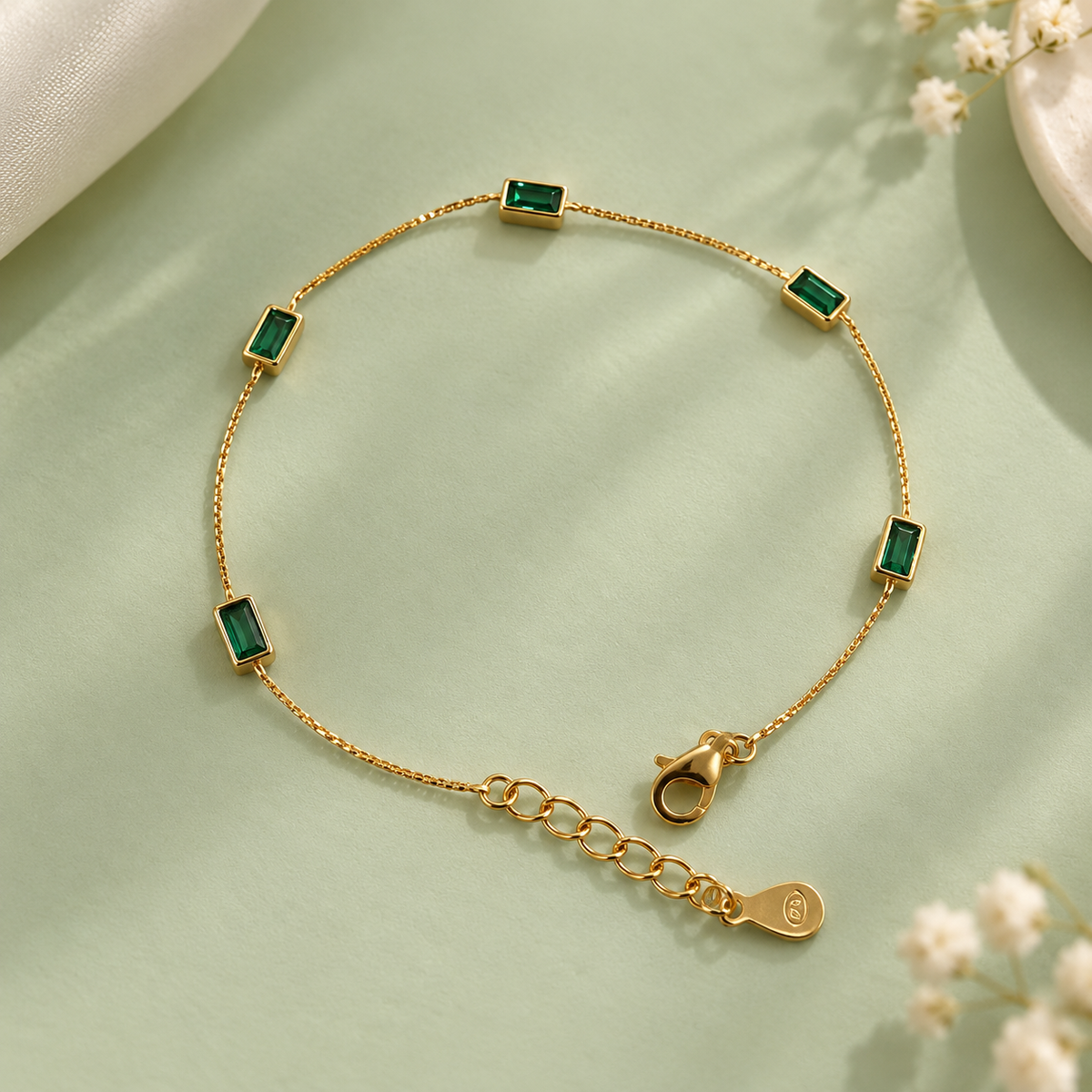 925 Silver Emerald Baguette Gold Bracelet Taravya