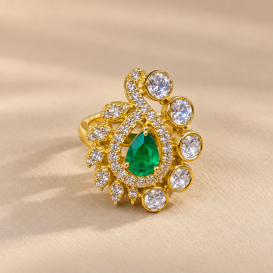 Emerald Paisley Moissanite 925 Silver Ring