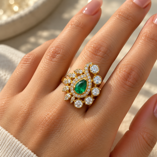 Emerald Paisley Moissanite 925 Silver Ring