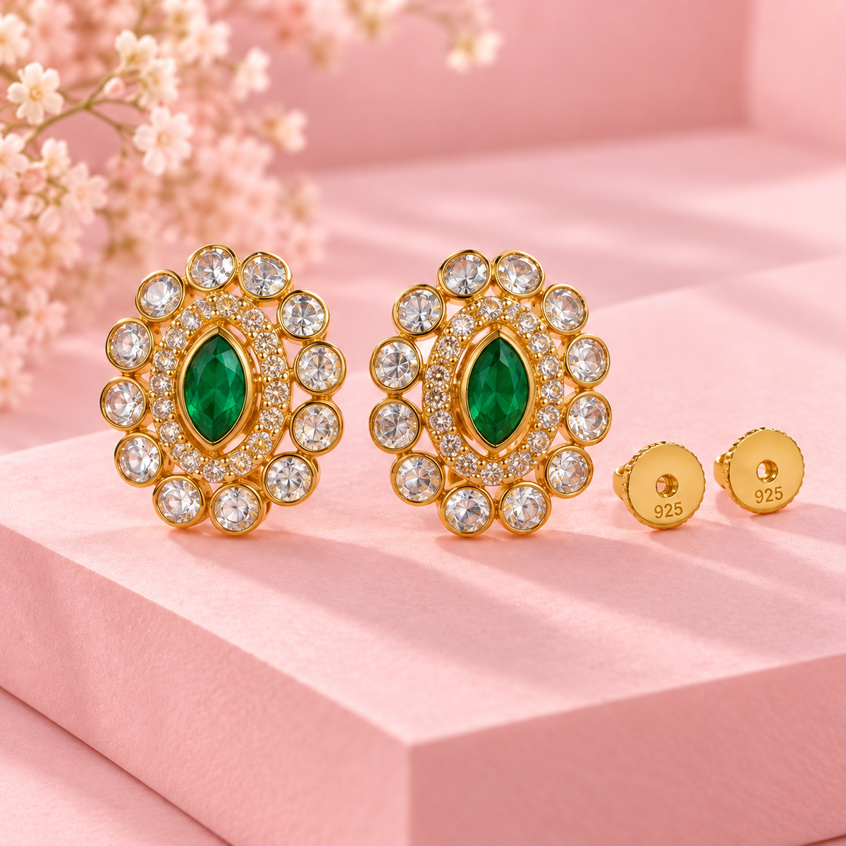 Emerald Moissanite Polki 925 Silver Studs