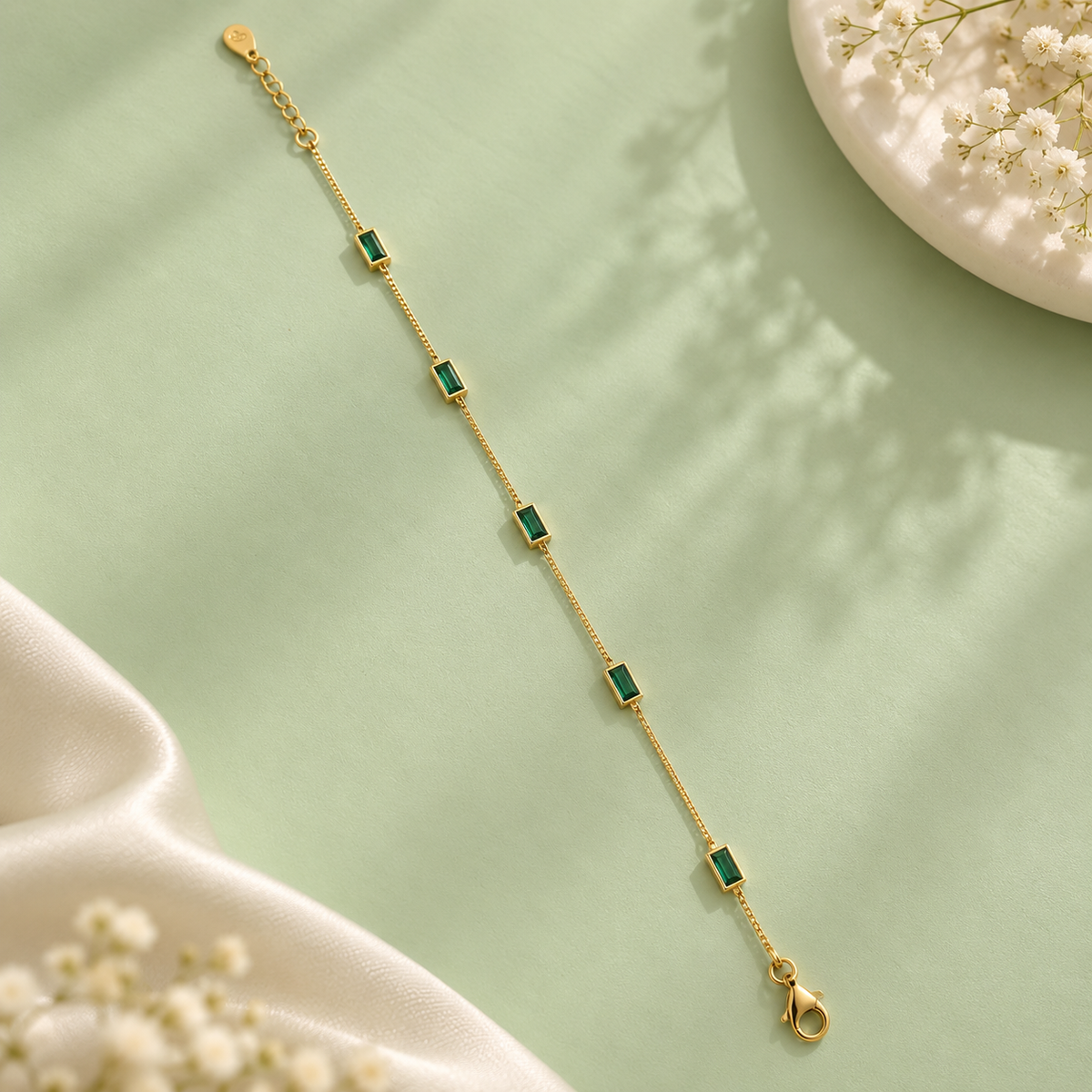 925 Silver Emerald Baguette Gold Bracelet Taravya