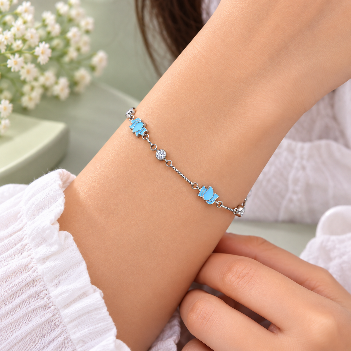 Taravya Sky Blue Floral Charm 925 Silver Bracelet