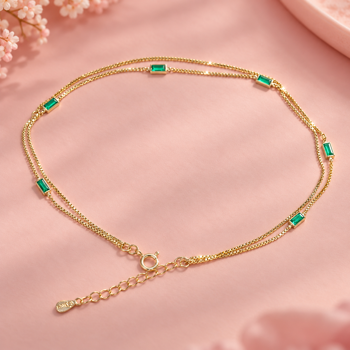 Dual Strand Gold-Tone Green Beads Anklet