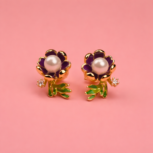 Purple Pearl Flower Earrings