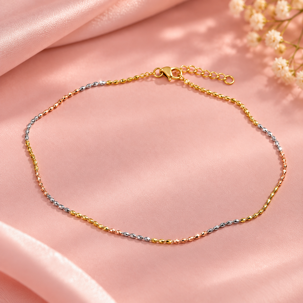 Tri-Colour Beaded 925 Silver Anklet