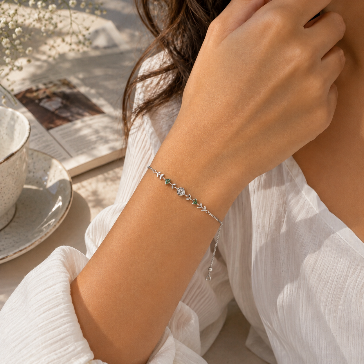 Leaf & Emerald Green Stone Silver Bracelet