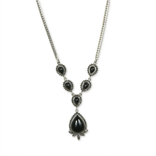 Black Stone Drop Necklace Pure 925 Silver