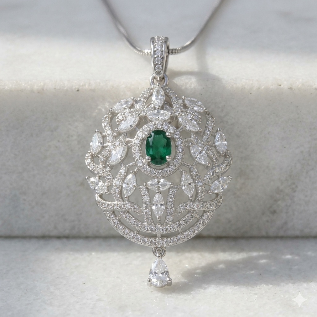 Emerald Regal Pendant Set Pure 925 Silver