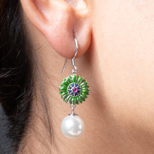 Green Petal Pearl Drop Earrings