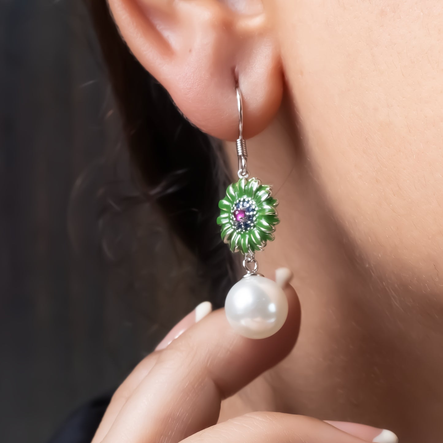 Green Petal Pearl Drop Earrings