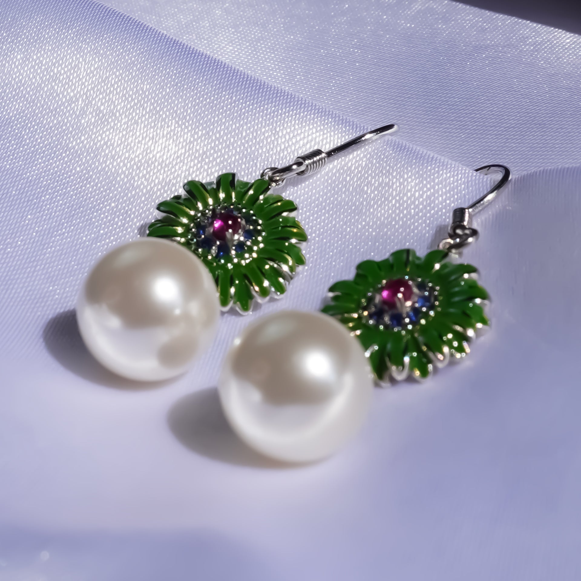 Green Petal Pearl Drop Earrings