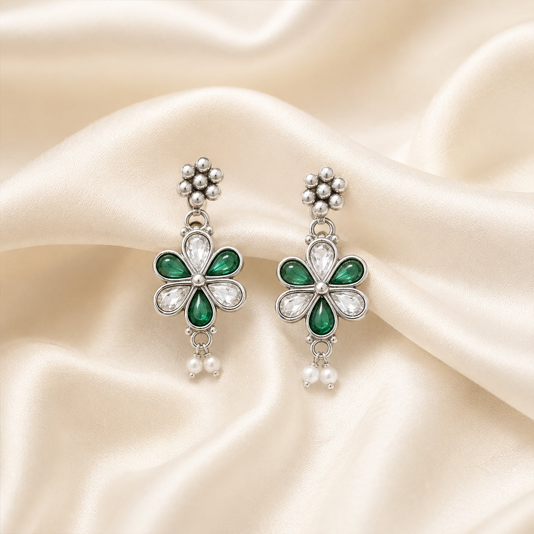 Silver Green Jhumki Earrings