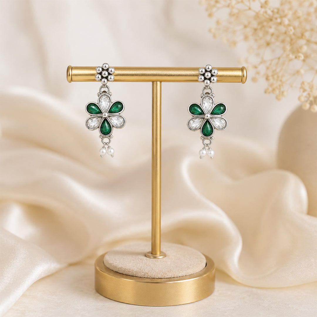 Silver Green Jhumki Earrings