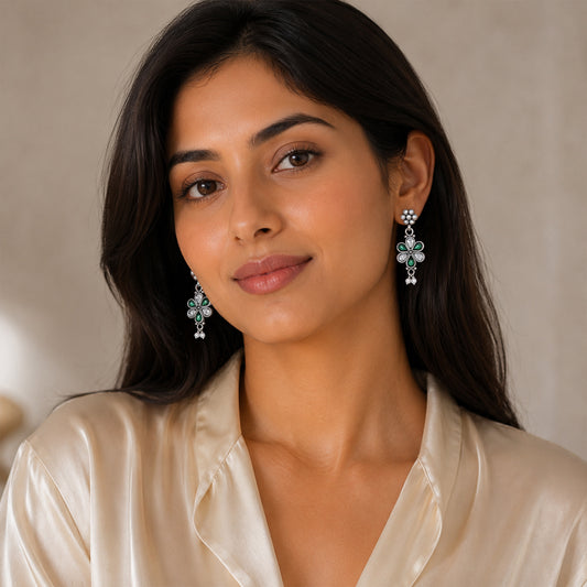 Silver Green Jhumki Earrings