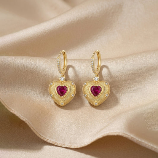 Ruby Heart Huggie Earrings