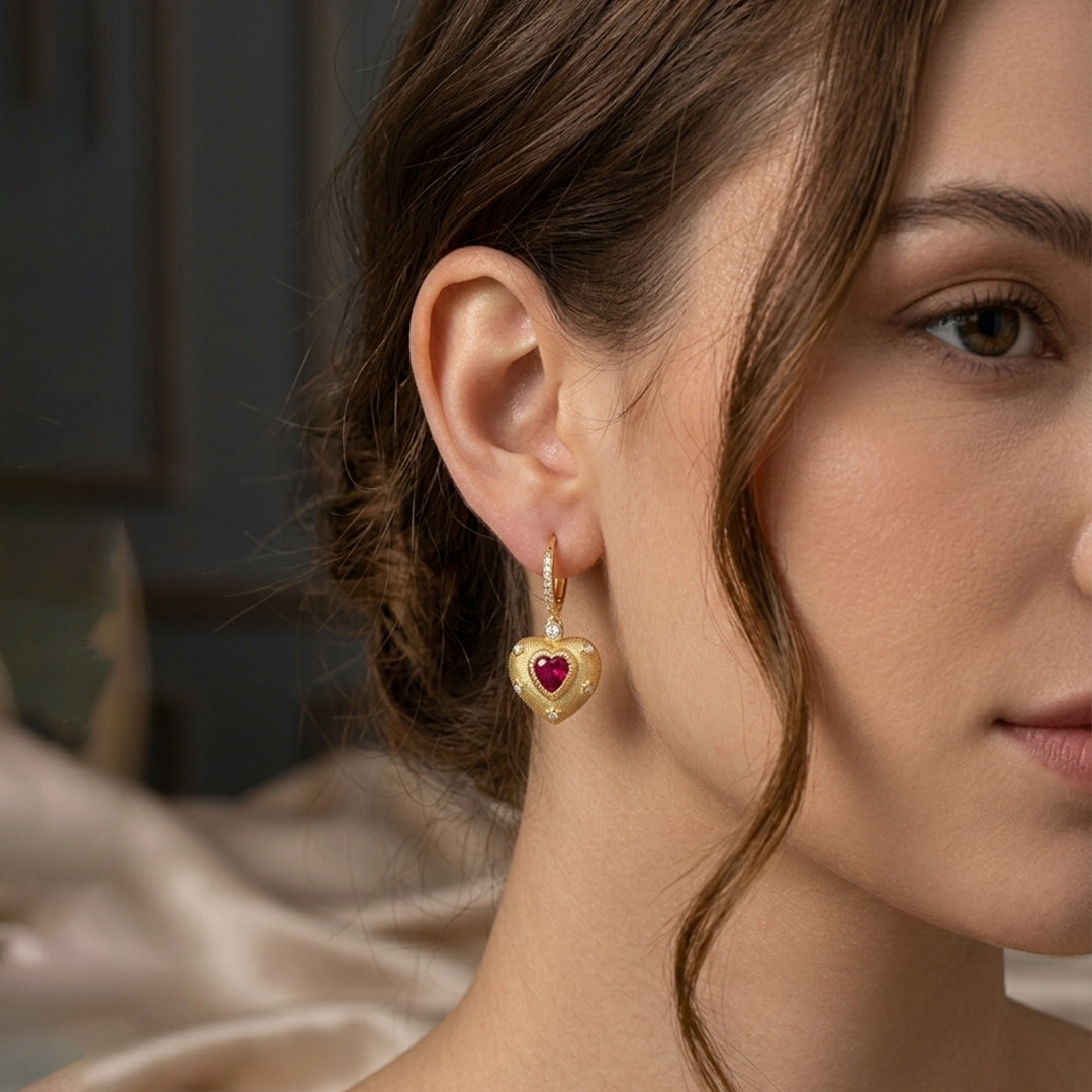 Ruby Heart Huggie Earrings