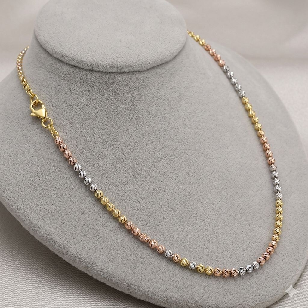 Tricolour Diamond-Cut Bead Silver Chain