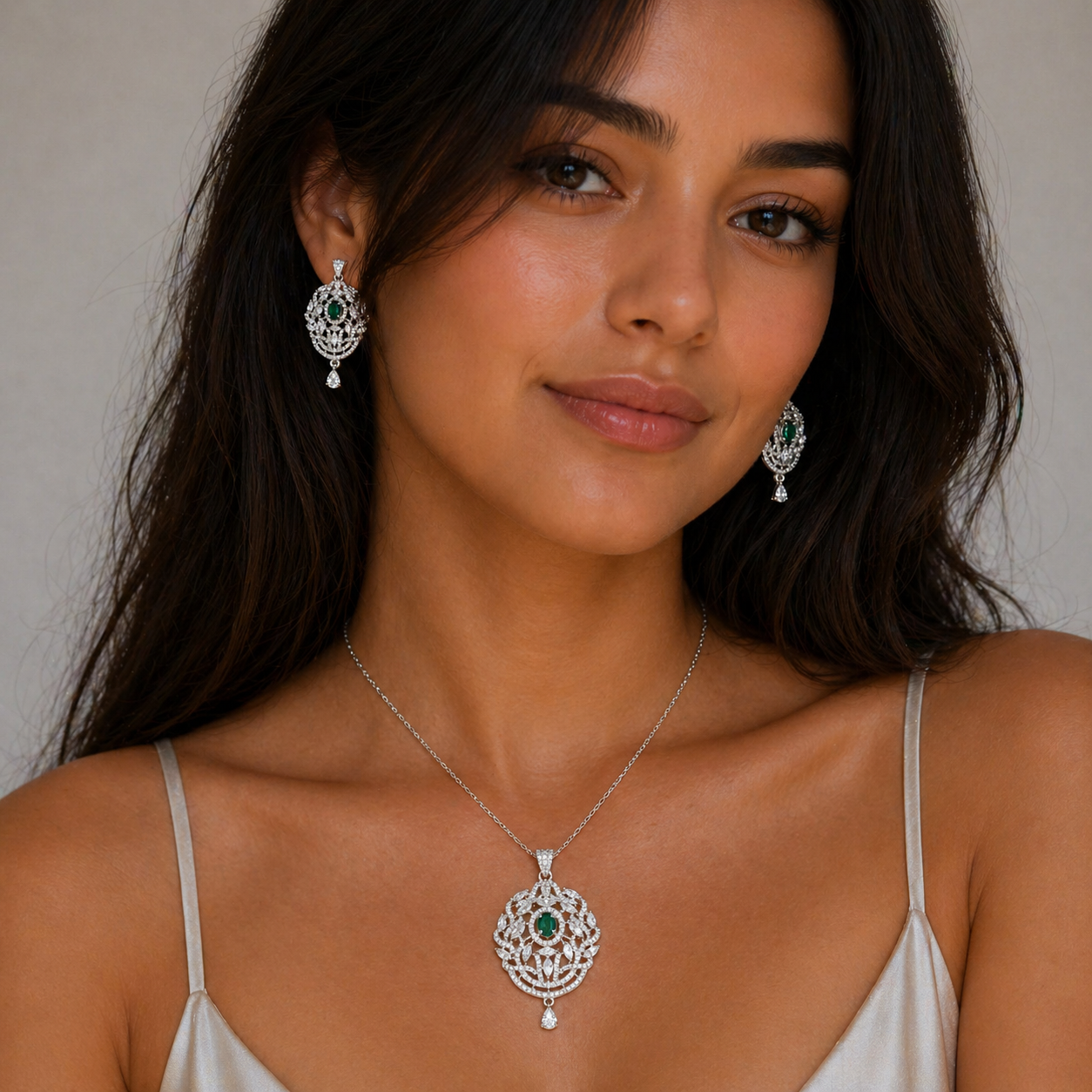 Emerald Regal Pendant Set Pure 925 Silver