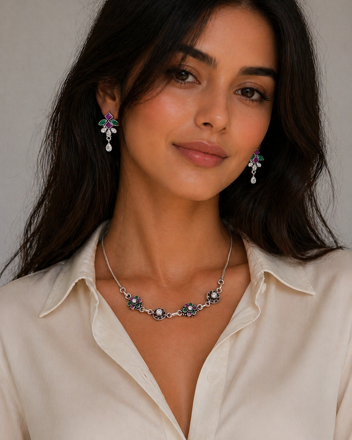 Regal Bloom Oxidised Necklace & Earring Set Pure 925 Silver