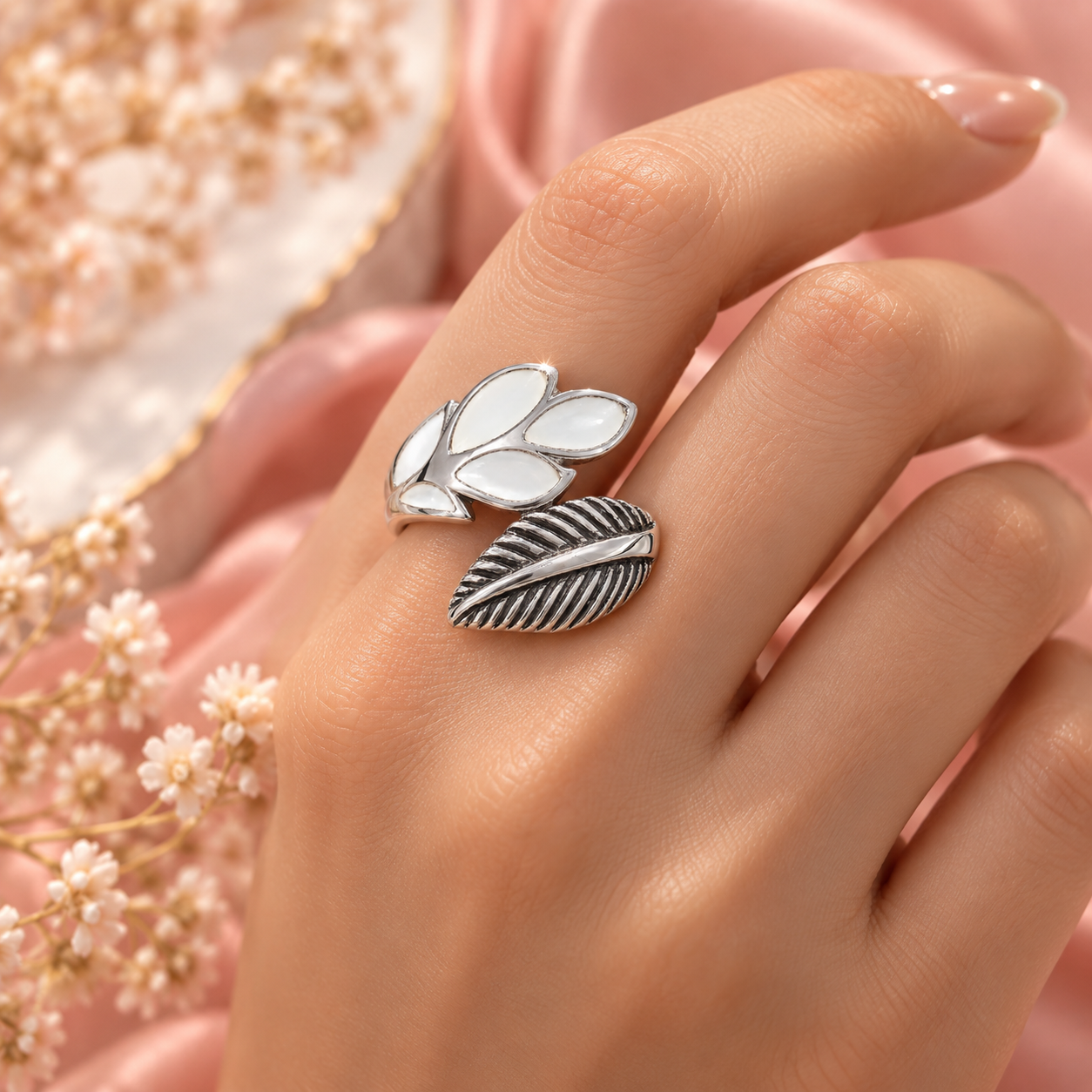 Floral Leaf Textured 925 Silver Ring