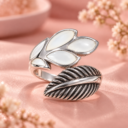 Floral Leaf Textured 925 Silver Ring Taravya