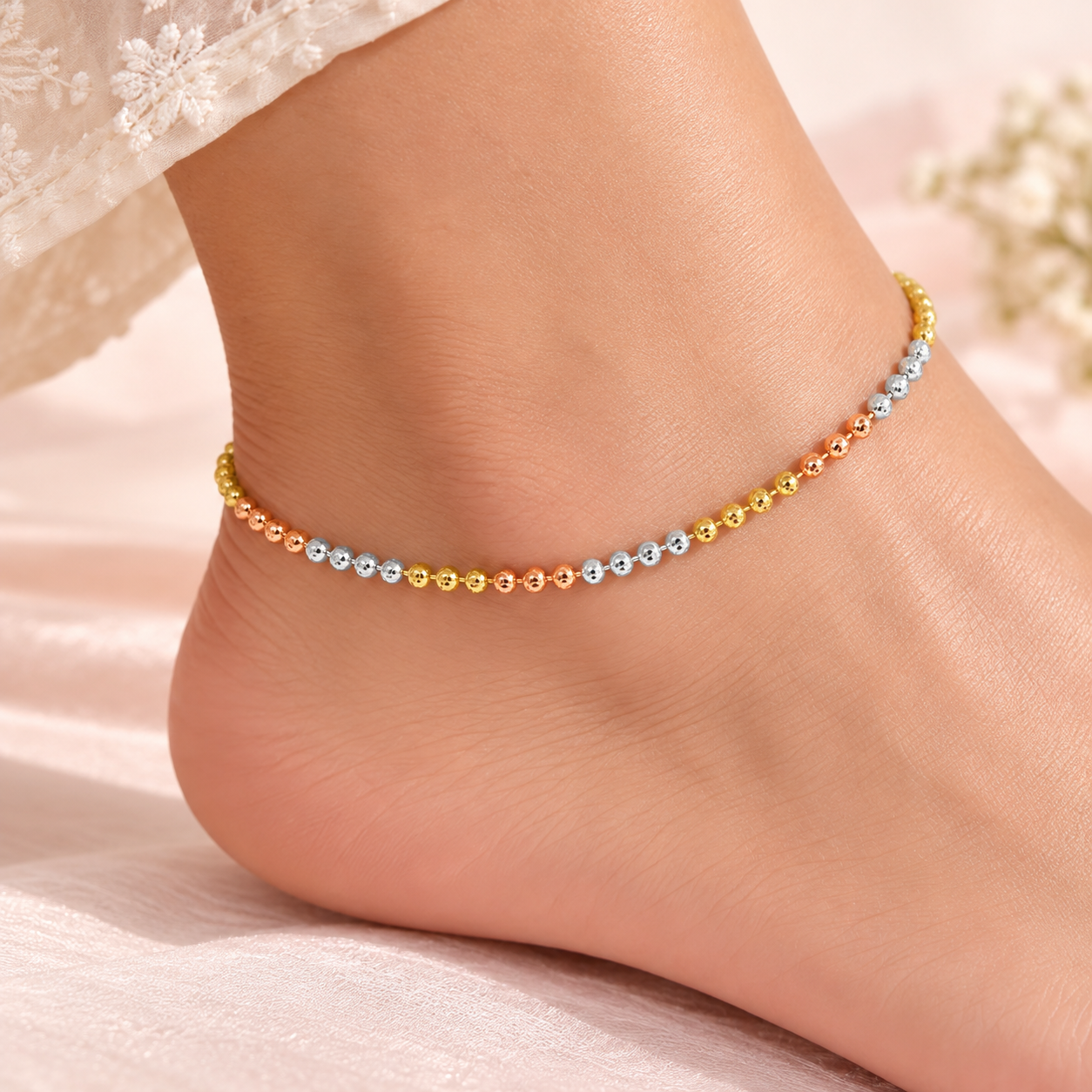 Tri-Colour Beaded 925 Silver Anklet