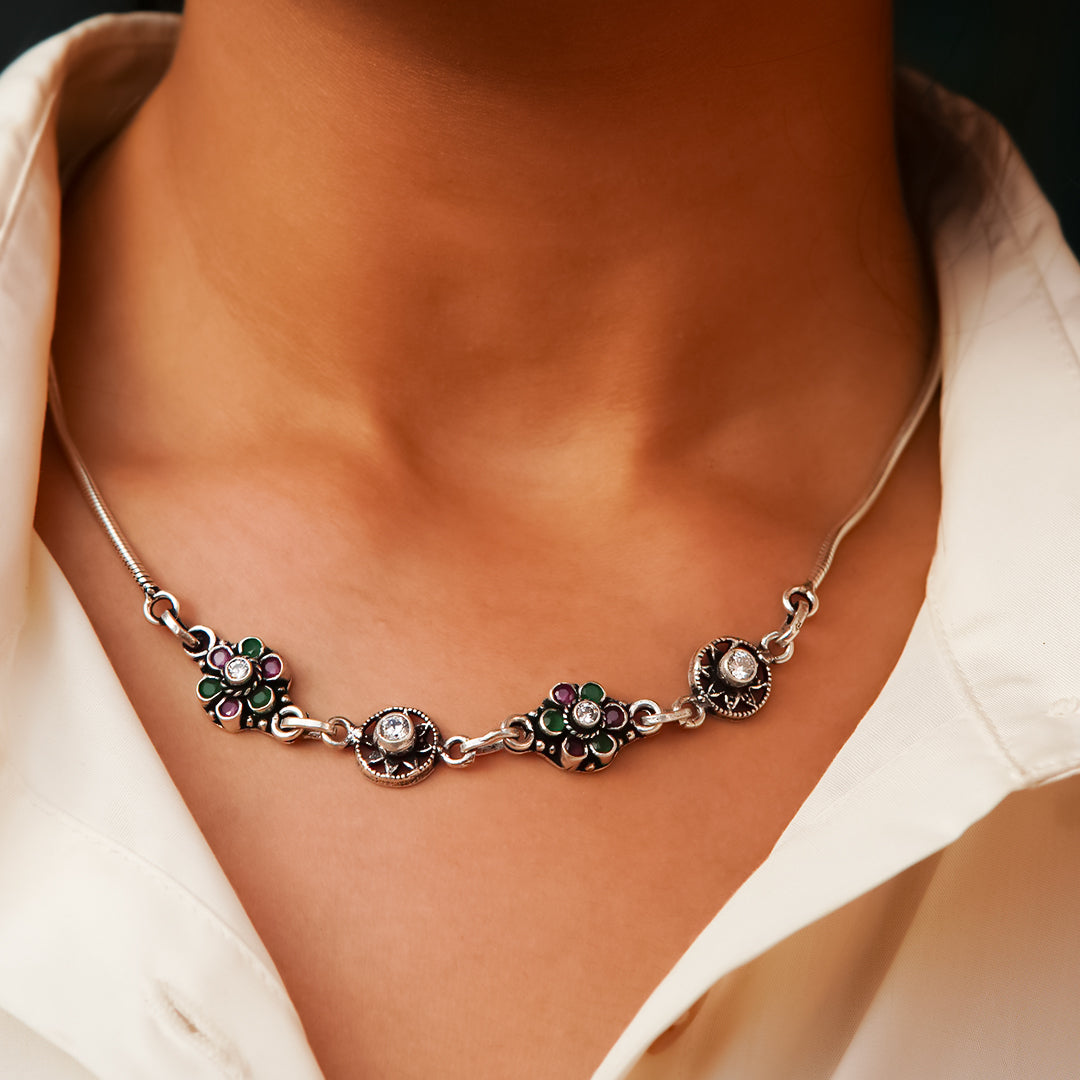 Regal Bloom Oxidised Necklace & Earring Set Pure 925 Silver