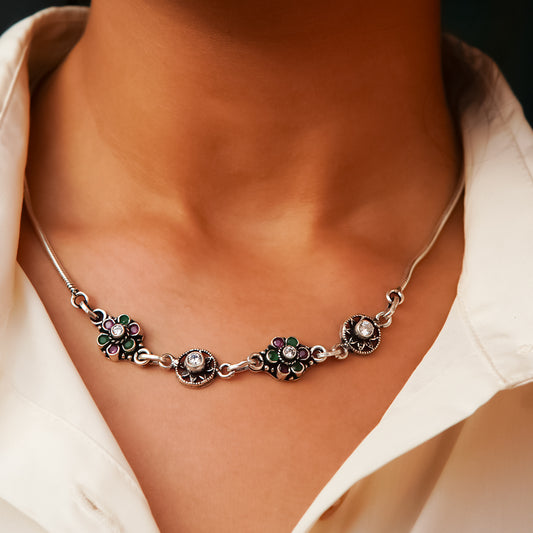 Regal Bloom Oxidised Necklace & Earring Set Pure 925 Silver