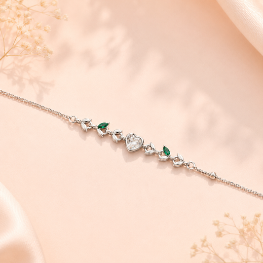 Leaf & Emerald Green Stone Silver Bracelet