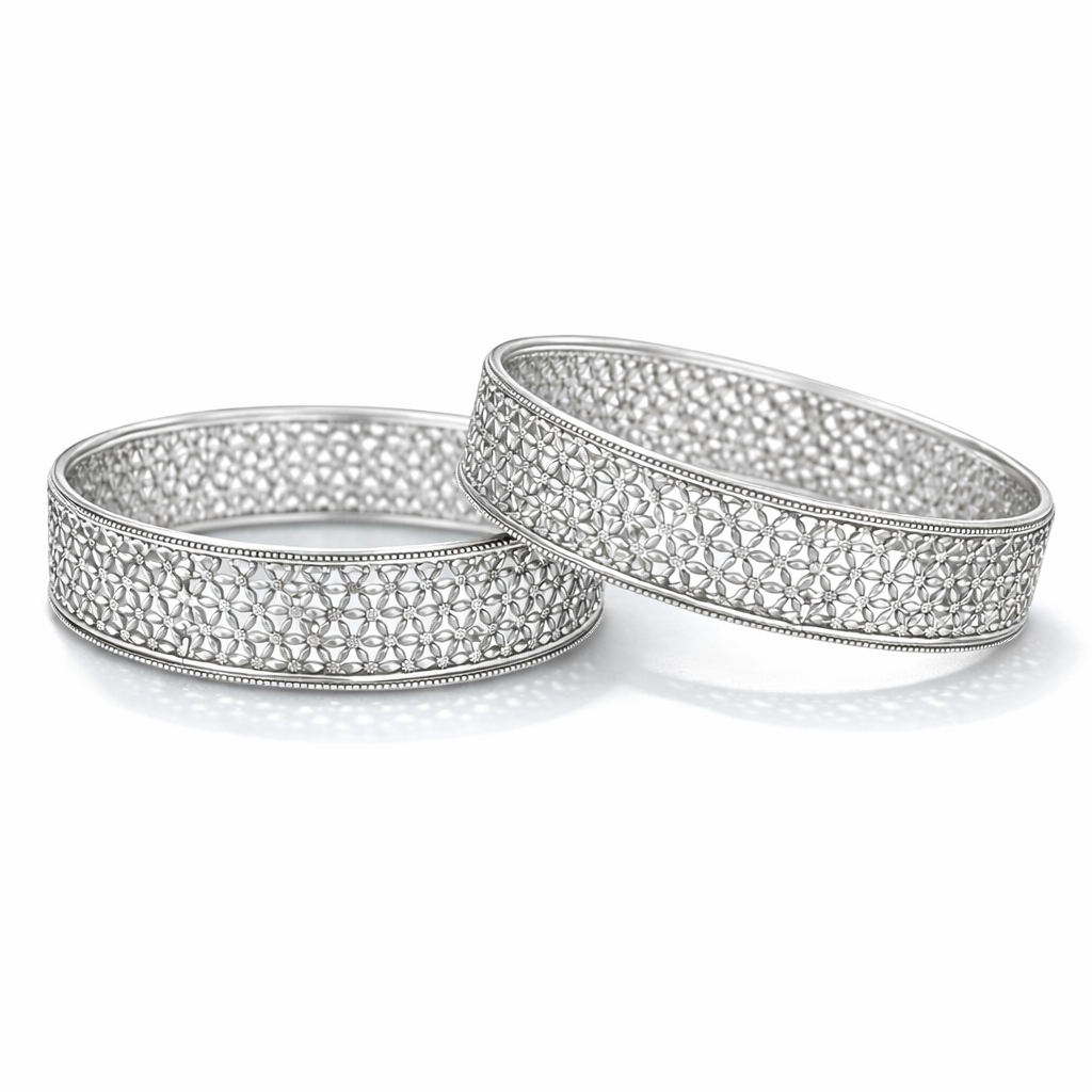 Ruhani Phool Jaali Pure 925 Silver  Kada (Single Piece & Size - 2'6)