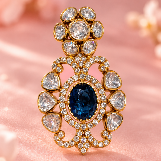 Polki Moissanite Sapphire Pendant & Earring Silver Set