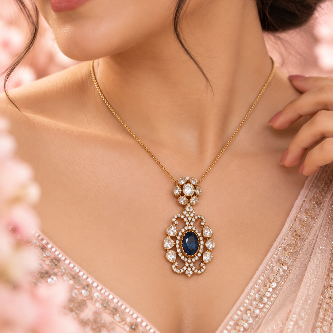 Polki Moissanite Sapphire Pendant & Earring Silver Set
