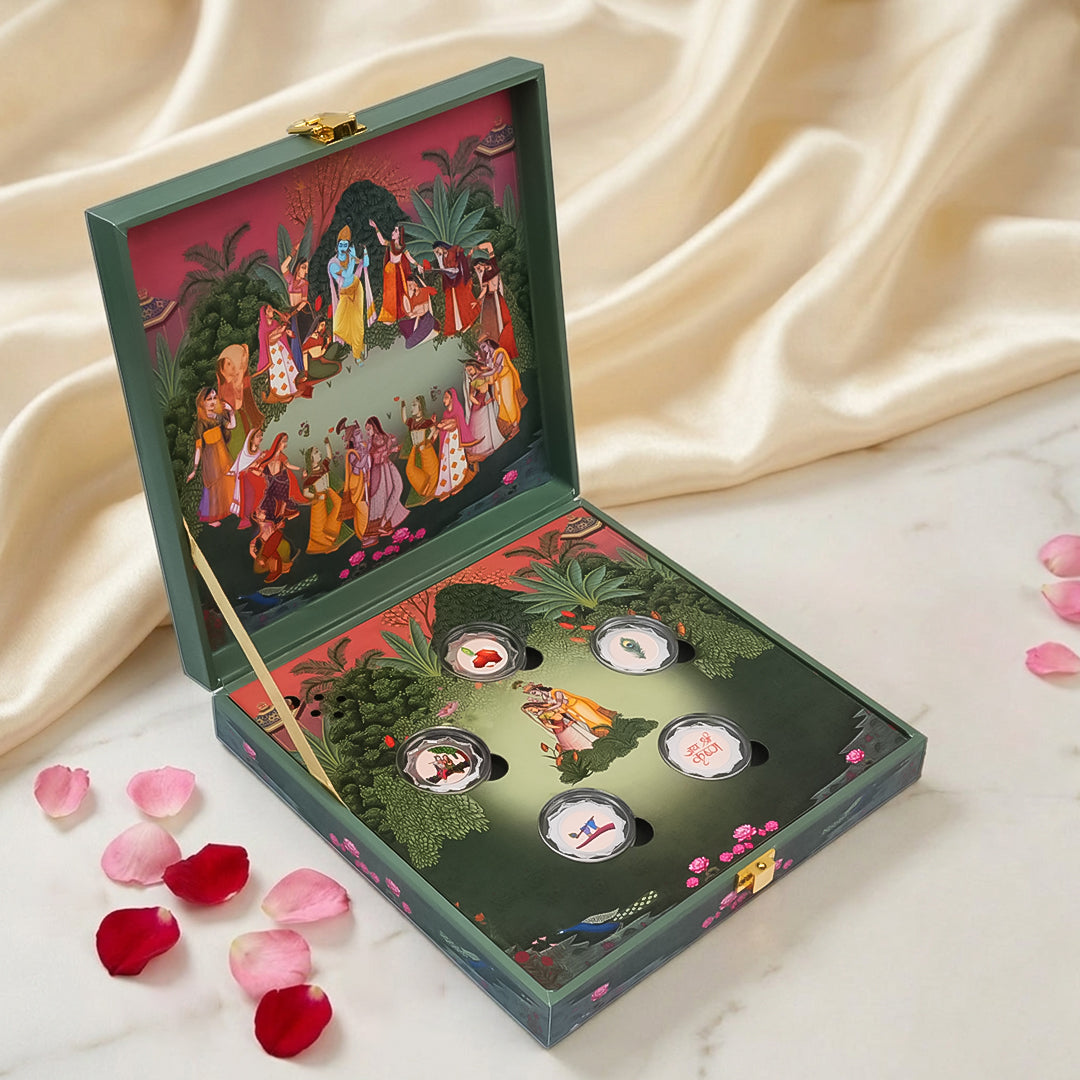 Radha Krishna Divine Musical 999 Silver Coin Box (5 Coins)