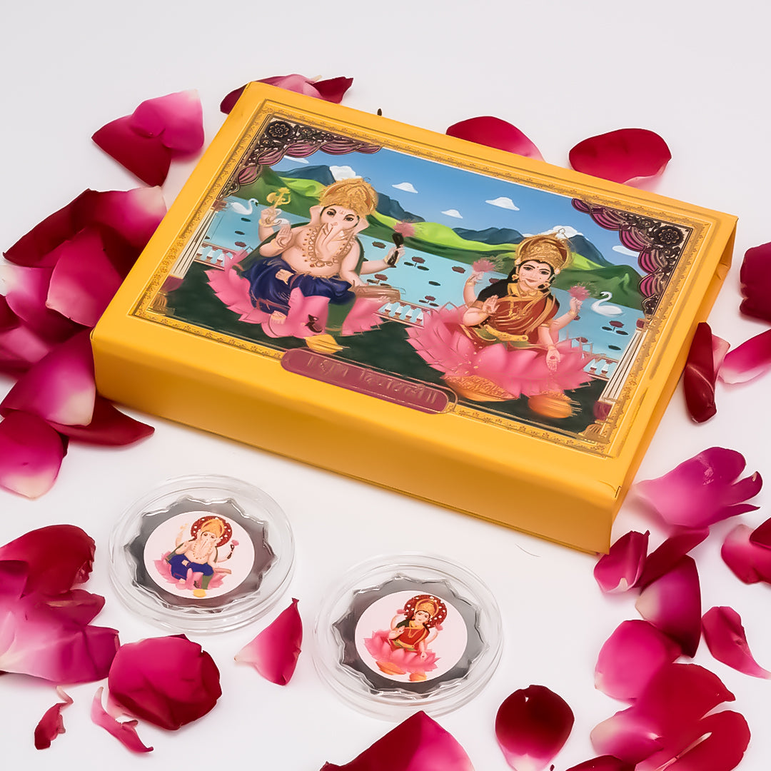 Lakshmi Ganesh Diwali Silver 999 Coin Box (2 Coins x 2g)