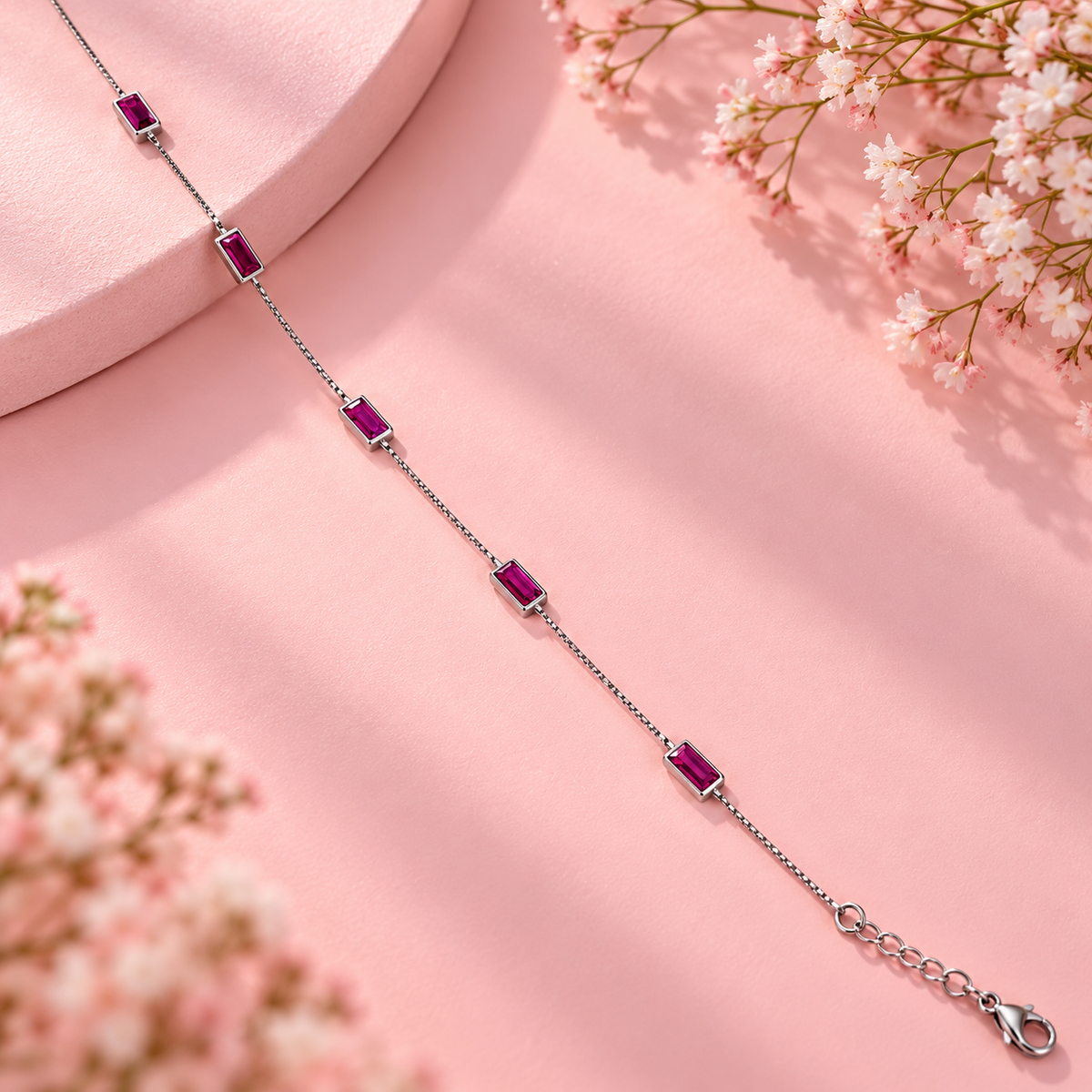 925 Silver Magenta Baguette Bracelet Taravya