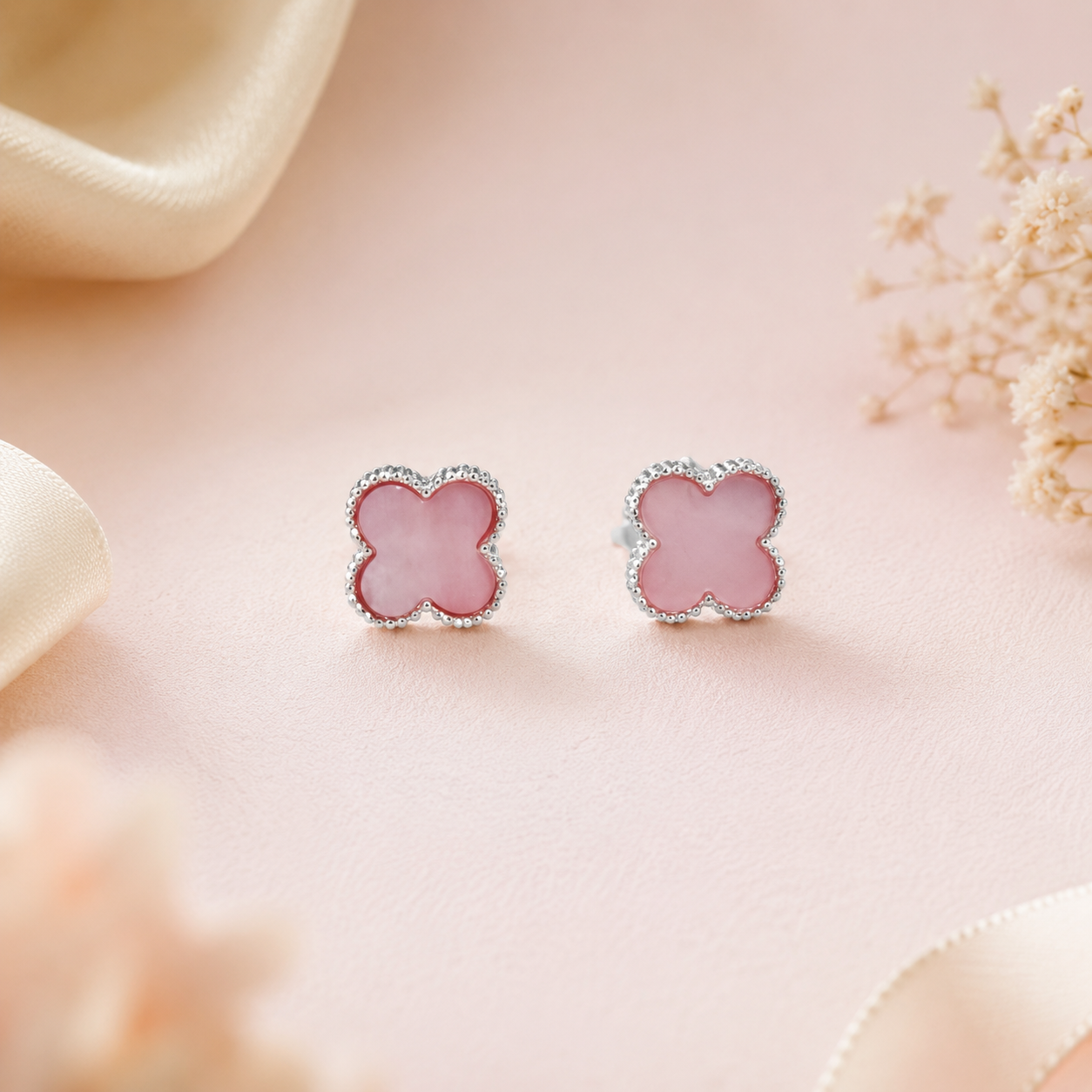 Pink Clover Pendant and Earrings
