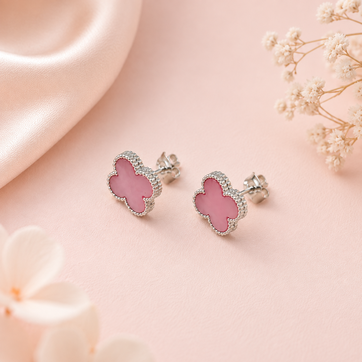 Pink Clover Pendant and Earrings