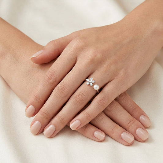 Pearl Bloom Open Silver Ring