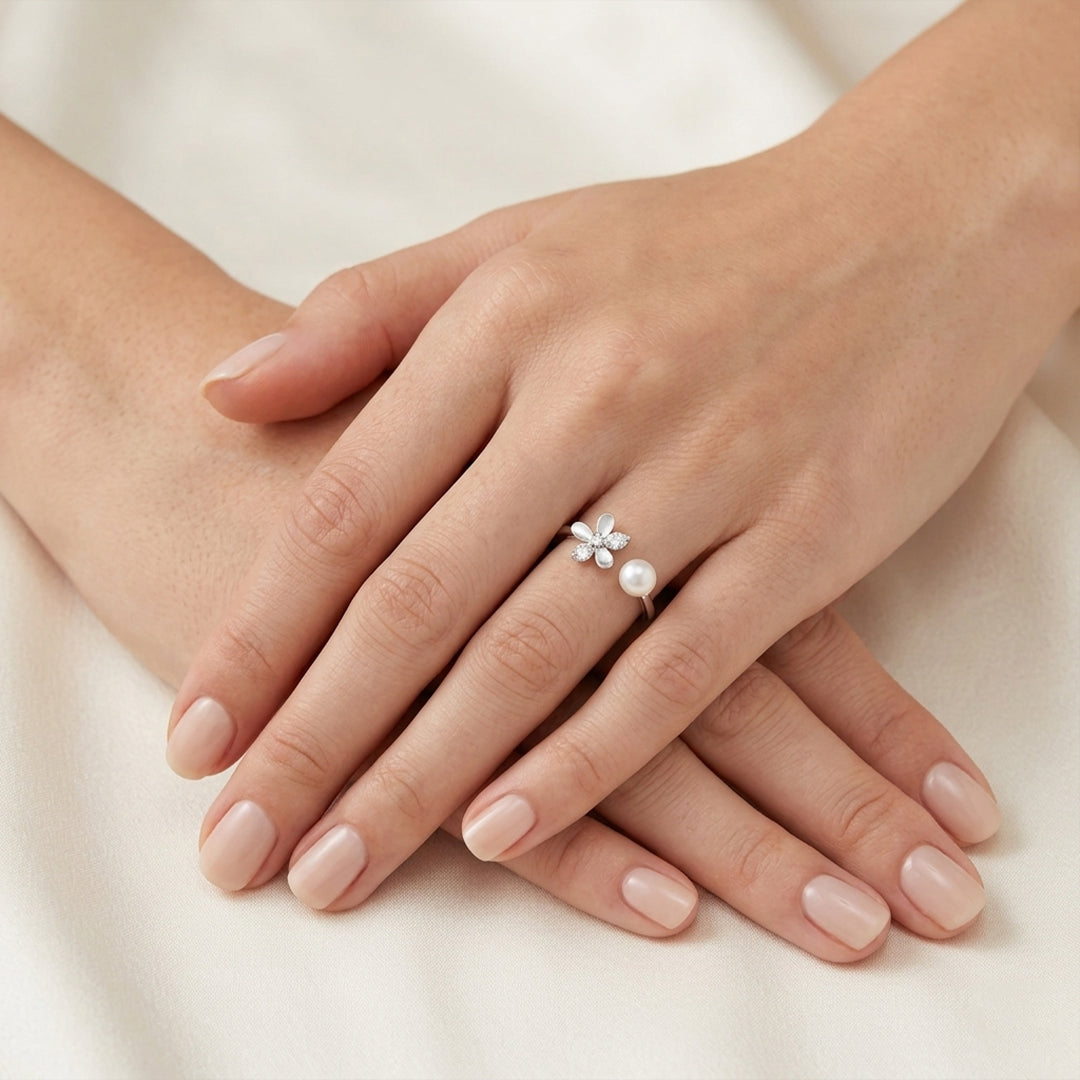 Pearl Bloom Open Silver Ring