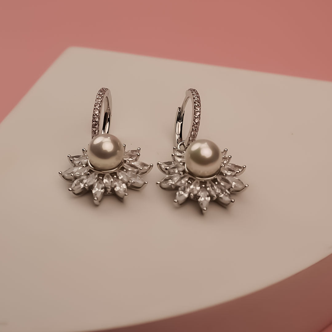 Pearl & Flower 925 Silver Hoop Earrings