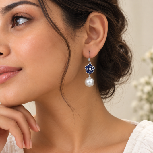Blue Petal Pearl Drop Earrings Taravya